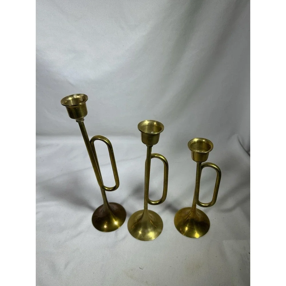 Vintage Brass Graduated Bugle Horn Candlesticks Candle Holders Christmas Lot 3